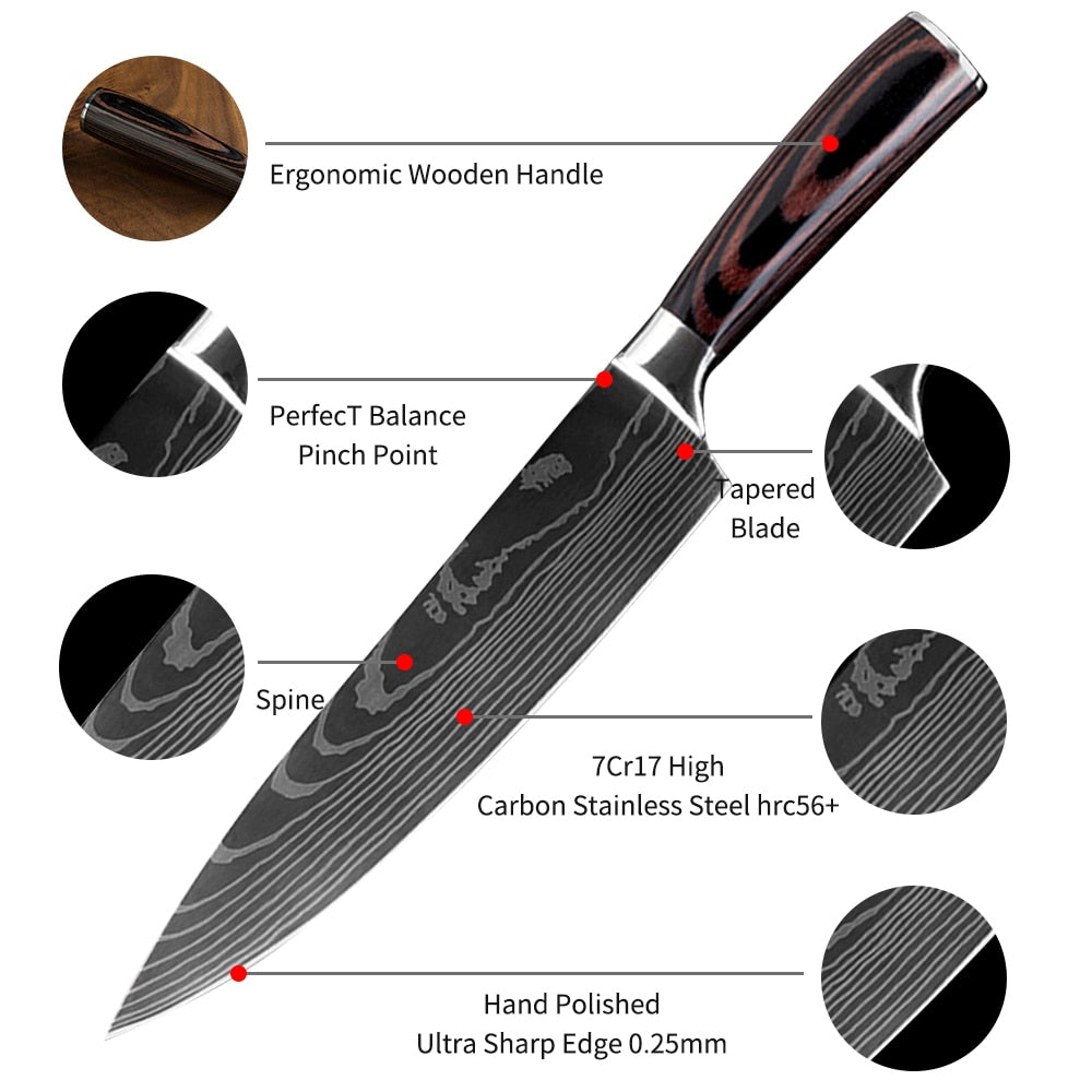 Stainless Steel Chef Knife Set Laser Damascus